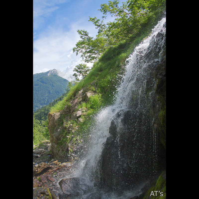 薮沢に落ちる枝沢の滝と甲斐駒ヶ岳