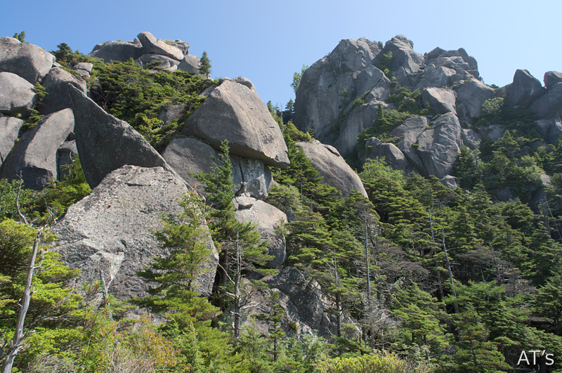 大ヤスリ岩基部から見た弘法岩の岩稜と瑞牆山