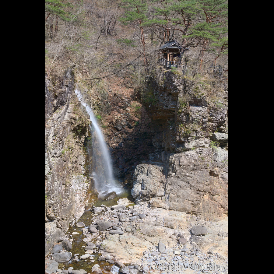 虹見橋から見た虹見の滝と五龍王神社／龍王峡と周辺の滝／栃木